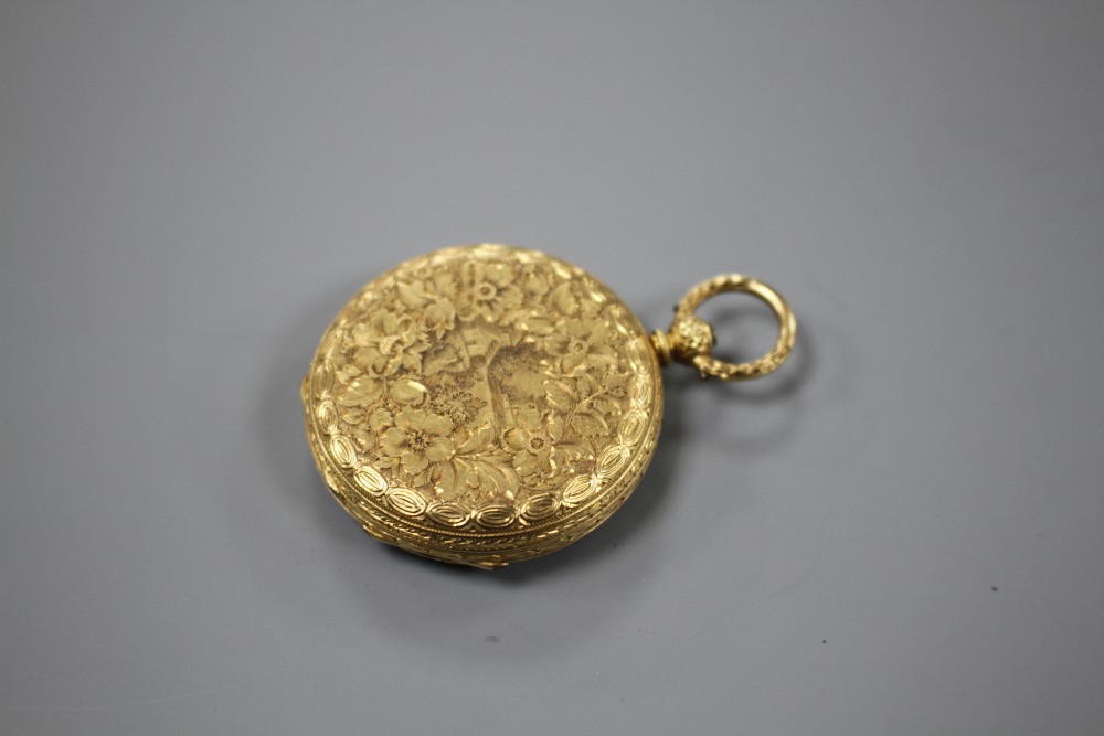 A late 19th/early 20th century continental engraved 18k fob watch, diameter 37mm, gross weight 36.5 grams.